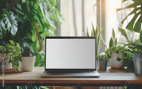 laptop screen mock up and plants on wooden table 