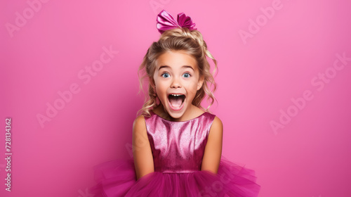 beautiful little girl in a pink dress is surprised  holds her hands to her face on a crimson background  child  childhood  teenager  kid  portrait  shock  emotional face
