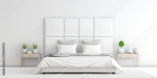 Clean white bed made up in trendy minimal interior with bright headboard and cozy pillows, perfect for relaxation in a luxury bedroom.