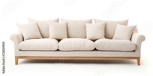 Front view of light beige fabric sofa with 3 seats, white background, and pillow.