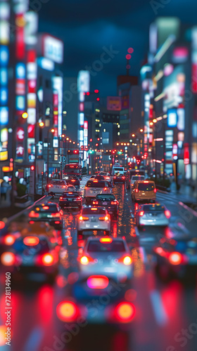  miniature city at night with a blurry view of vehicle photo