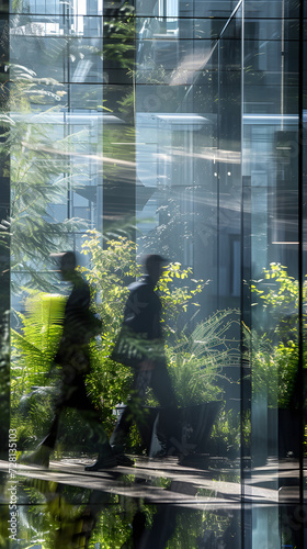 office workers walking in a glass office with plants in the window reflections  © Lin_Studio