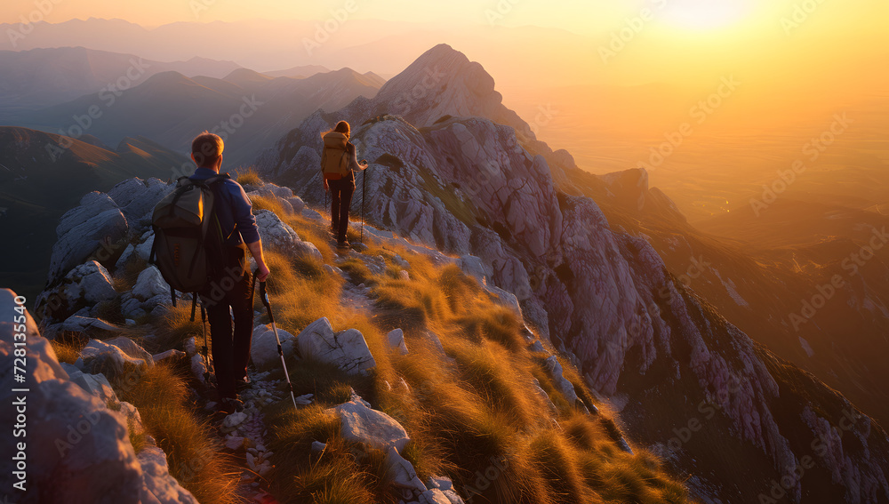 Fototapeta premium a couple hiking in the mountains at sunset over landscape
