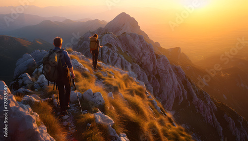 a couple hiking in the mountains at sunset over landscape © Lin_Studio