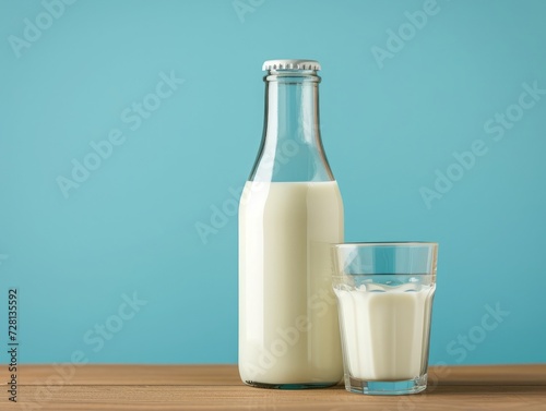 bottle of milk and glass of milk on a wooden table on a blue background