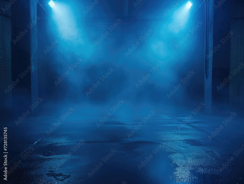 Dark empty scene, blue neon searchlight light, wet asphalt, smoke, night view, rays