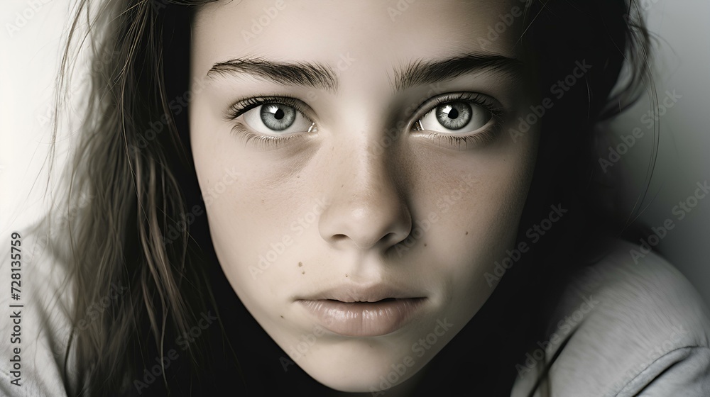 Fototapeta premium Windows to the Soul-AI-generated image features an intimate portrait of a young individual, their eyes conveying a depth of emotion and introspection.