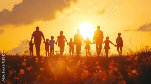 community large family in the park. a large group of people holding hands walking silhouette on nature sunset in the park. big family kid dream concept. people in the park. large sunlight family