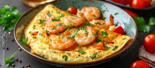 Delicious Homemade Creamy Omelet with Succulent Shrimps and Rice in a Vibrant Bowl