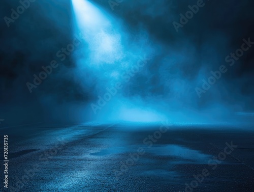 Dark empty scene, blue neon searchlight light, wet asphalt, smoke, night view, rays