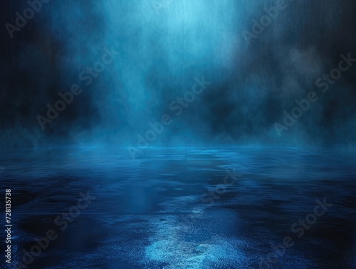 Dark empty scene, blue neon searchlight light, wet asphalt, smoke, night view, rays