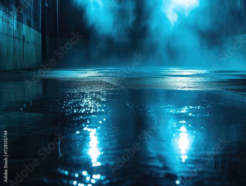 Dark empty scene  blue neon searchlight light  wet asphalt  smoke  night view  rays