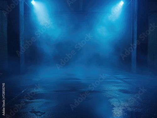 Dark empty scene, blue neon searchlight light, wet asphalt, smoke, night view, rays © buraratn