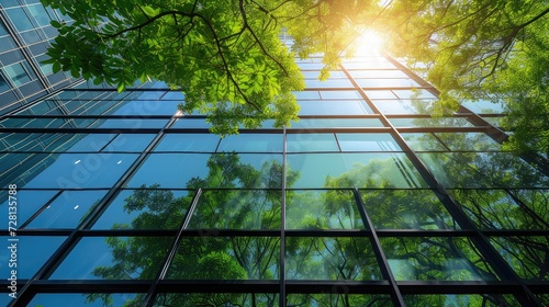 Eco architecture. Green tree and glass office building. The harmony of nature and modernity. Reflection of modern commercial building on glass with sunlight