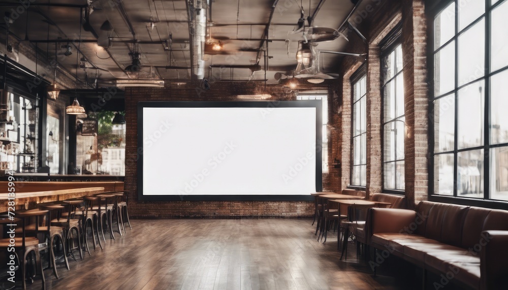 Spacious, well-lit bar with modern industrial aesthetics, featuring a large blank white screen on the brick wall. - obrazy, fototapety, plakaty 