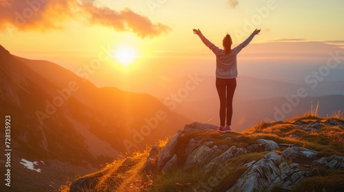 Freedom woman open arms at sunrise mountain peak wellness concept © buraratn