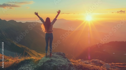 Freedom woman open arms at sunrise mountain peak wellness concept photo