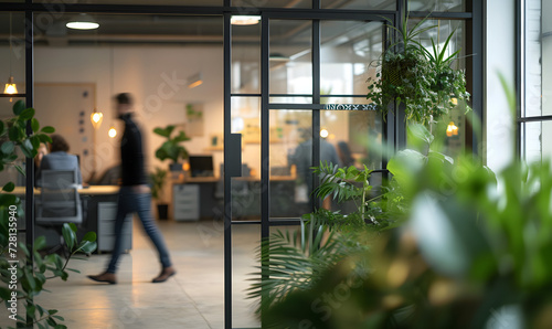 office workers walking in a glass office with plants in the window reflections 