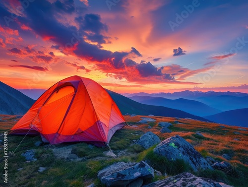 Glowing orange tent in the mountains under dramatic evening sky. Red sunset and mountains in the background. Summer landscape