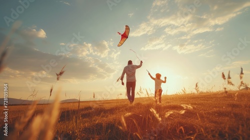 happy family father and child on meadow with a kite in the summer on the nature photo