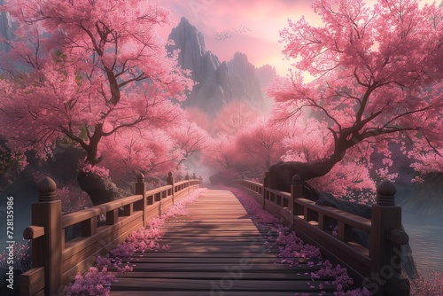 Wooden bridge leading to extravagantly blooming pink cherry - sakura trees in a Japanese park, picturesque spring scene.