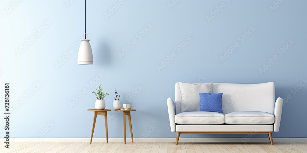 Scandinavian design with simple style in empty home - blue and white sofa, wooden floor with armchair, lamp, white table. - obrazy, fototapety, plakaty 