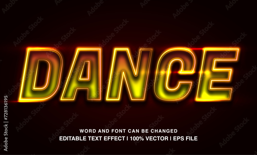 Dance editable text effect template, yellow neon light futuristic style, premium vector