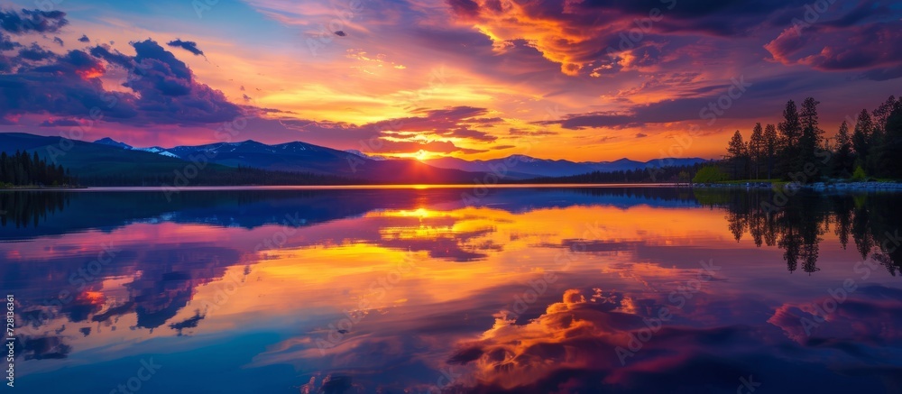 Fototapeta premium Beauty: Beautiful, Blazing Sunset Reflected in the Serene Lake