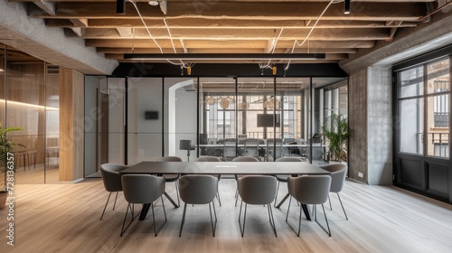 Modern coworking office in madrid, spain, featuring a spacious meeting room with a large table, gray chairs, exposed concrete beams, and a transparent glass partition photo