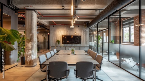 Modern coworking office in madrid, spain, featuring a spacious meeting room with a large table, gray chairs, exposed concrete beams, and a transparent glass partition photo