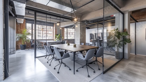 Modern coworking office in madrid, spain, featuring a spacious meeting room with a large table, gray chairs, exposed concrete beams, and a transparent glass partition © buraratn
