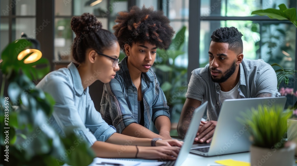 Three colleagues working together on a laptop, receiving guidance from their mentor. A team of young professionals working diligently on their laptops in a modern office environment.