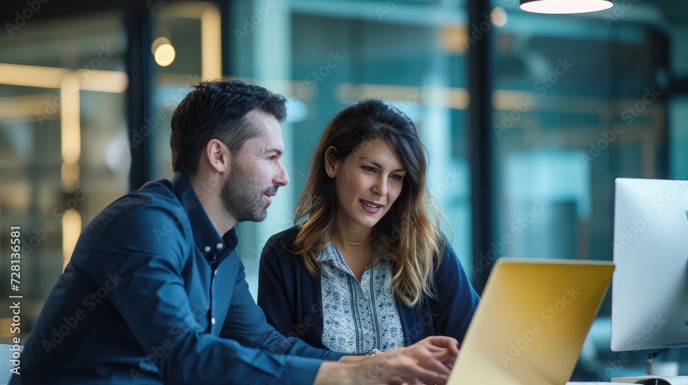 Two colleagues collaborating in a modern office environment Two colleagues collaborating in a modern office environment