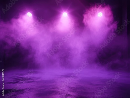 The dark stage shows, purple background, an empty dark scene, neon light, spotlights The asphalt floor and studio room with smoke float up the interior texture for display products