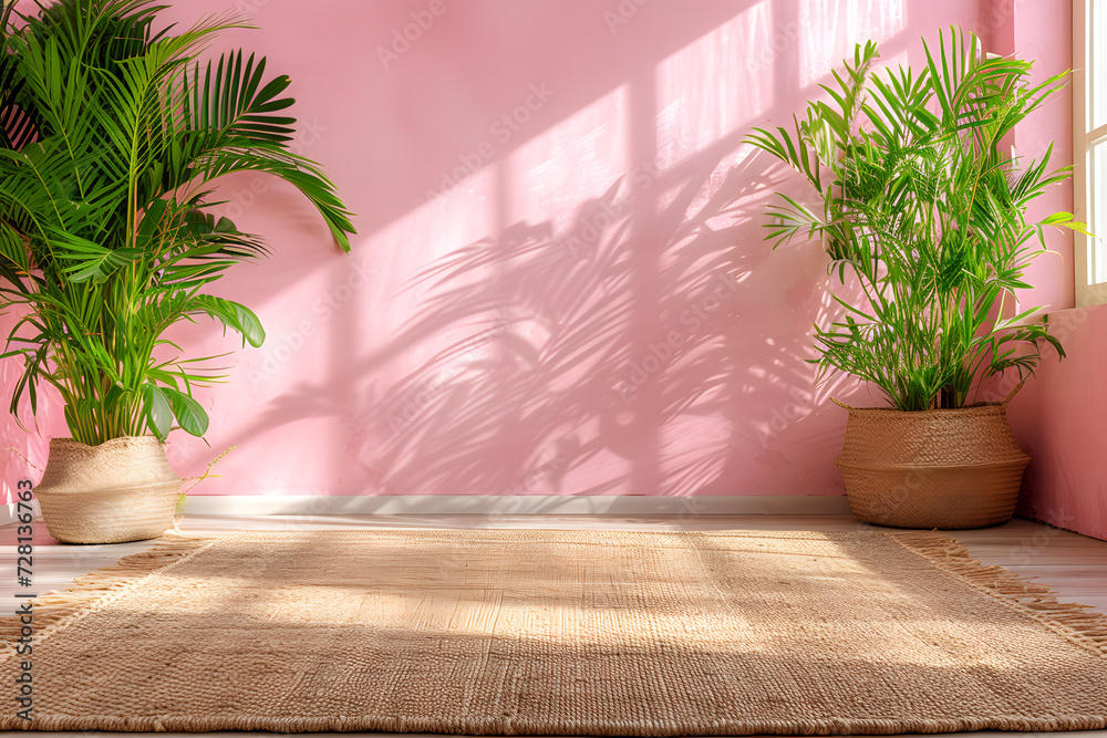 yoga mat and plant for a pink room with pink walls and wooden floors yoga mat and plant for a pink room with pink walls and wooden floors