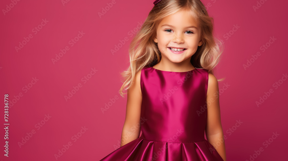 little blue-eyed smiling girl with long curly blond hair in a pink dress on a crimson background in the studio, child, kid, daughter, teenager, fashion, beauty, stylish clothes, space for text, skirt little blue-eyed smiling girl with long curly blond hair in a pink dress on a crimson background in the studio, child, kid, daughter, teenager, fashion, beauty, stylish clothes, space for text, skirt