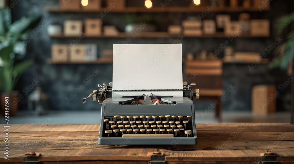 blank sheet of paper inserted into an old typewriter on a table in a stylish room, publishing house, space for text, writing, layout, editorial, writer's day blank sheet of paper inserted into an old typewriter on a table in a stylish room, publishing house, space for text, writing, layout, editorial, writer's day