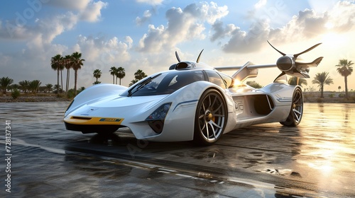 Illustrate a supercar that transforms into a flying vehicle, with wings extending and propellers emerging, ready to take to the skies in a sci-fi cityscape