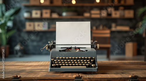 blank sheet of paper inserted into an old typewriter on a table in a stylish room, publishing house, space for text, writing, layout, editorial, writer's day photo