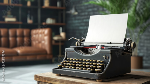 blank sheet of paper inserted into an old typewriter on a table in a stylish room, publishing house, space for text, writing, layout, editorial, writer's day