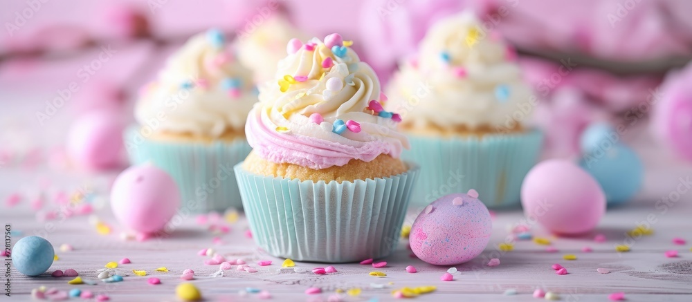 Easter-themed cupcakes, pastel hues, shallow focus. Easter-themed cupcakes, pastel hues, shallow focus.