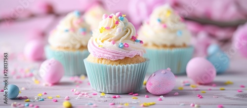Easter-themed cupcakes, pastel hues, shallow focus. © Lasvu