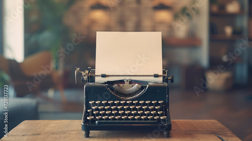 blank sheet of paper inserted into an old typewriter on a table in a stylish room, publishing house, space for text, writing, layout, editorial, writer's day photo