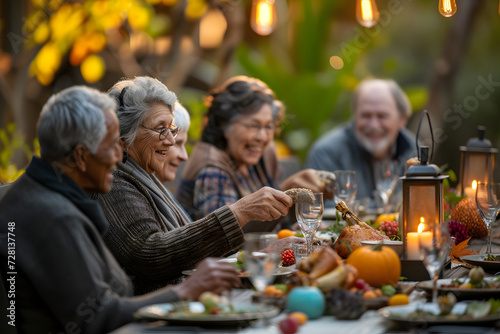 seniors, grandparents and friends spending thanksgiving dinner at outdoor dinner party