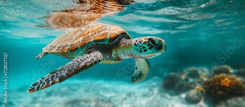 Exquisite Hawaiian Sea Turtle Gracefully Swimming Through the Tranquil Blue Lagoon © TheWaterMeloonProjec