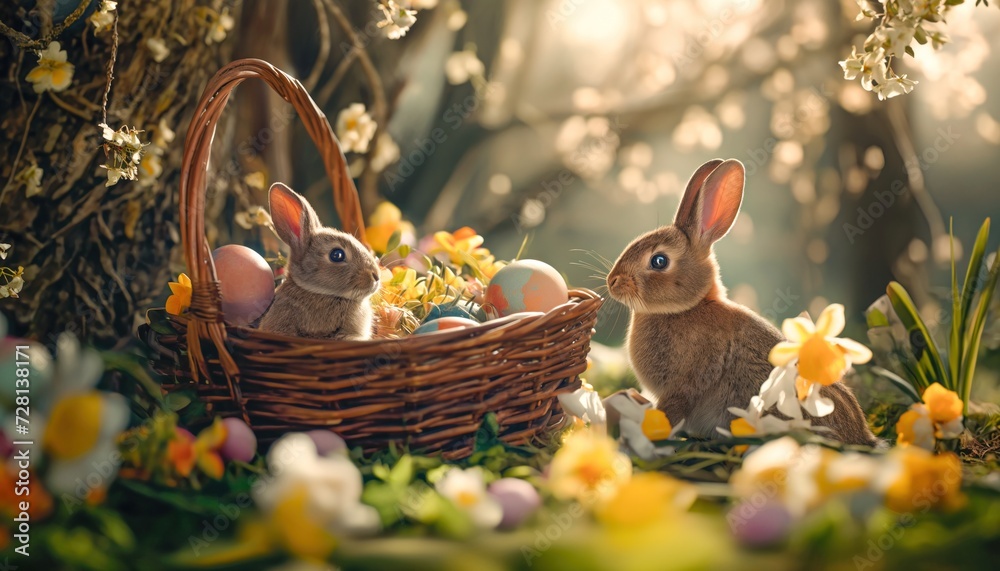 Easter week. Happy Easter. Easter bunnies and melted chocolates. Easter eggs. - obrazy, fototapety, plakaty 