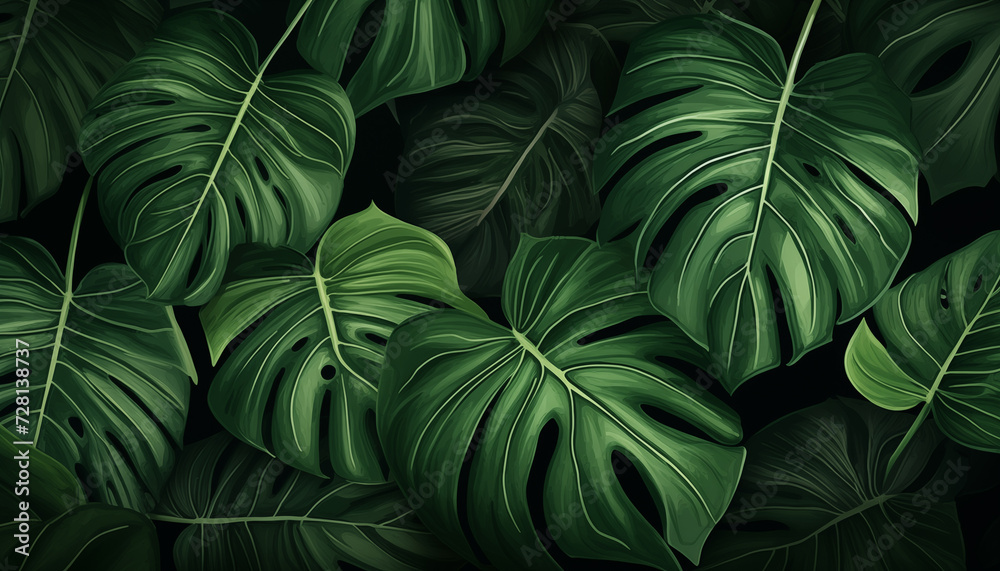 Green tropical palm leaves Monstera dark background