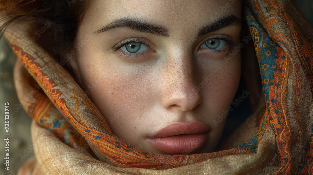 Extreme closeup portrait of a woman wrapped in a colorful scarf or shawl.