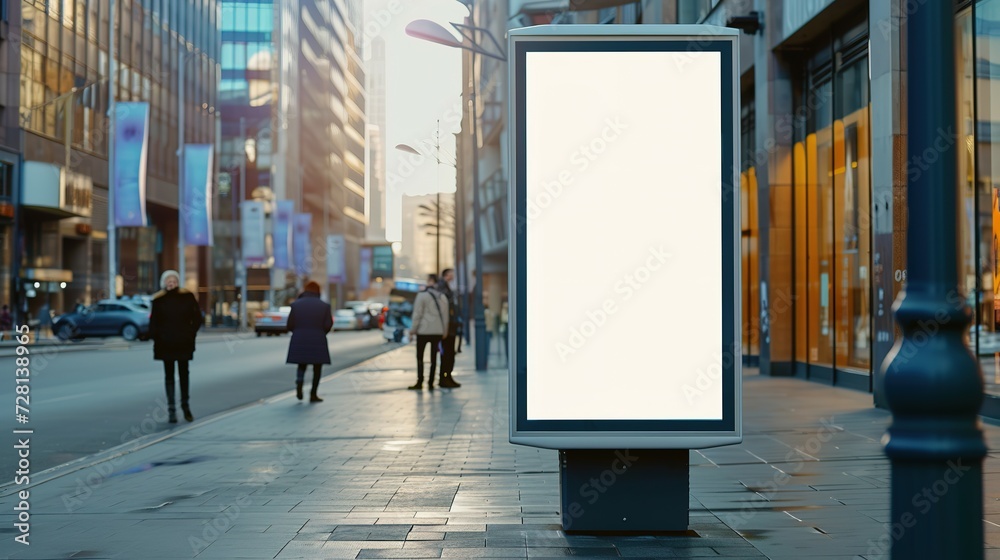 Mockup. Vertical advertising stand in the street. Blank white street billboard poster lightbox stand mock with urban city background Mockup. Vertical advertising stand in the street. Blank white street billboard poster lightbox stand mock with urban city background