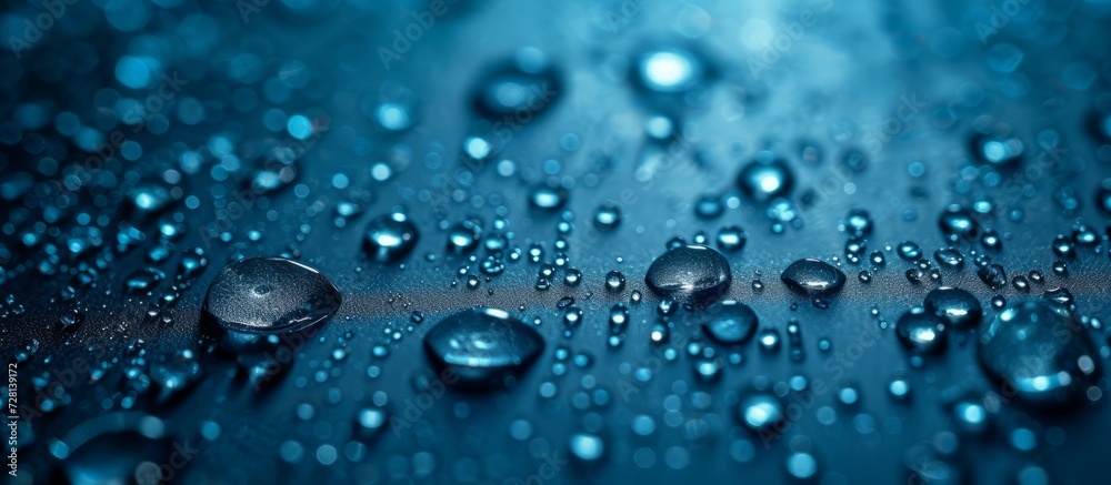 Water Drops in a Dark Blue Background: A Mesmerizing display of Water Drops creating an Enchanting Dark Blue Ambiance